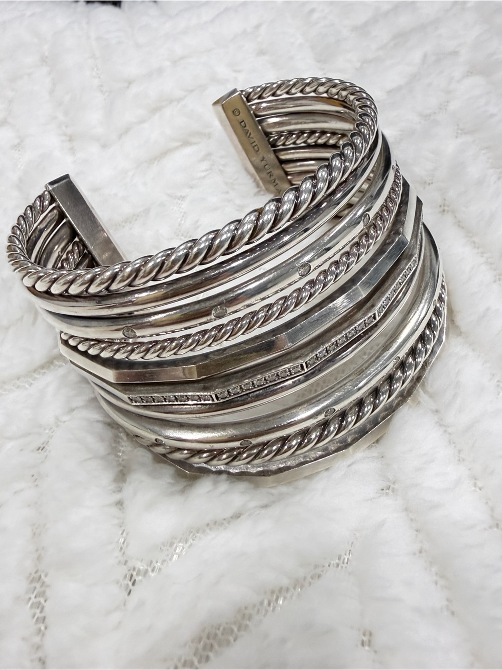 David Yurman Sterling Silver Multi-Row Cable & Banded Cuff Bracelet Authentic